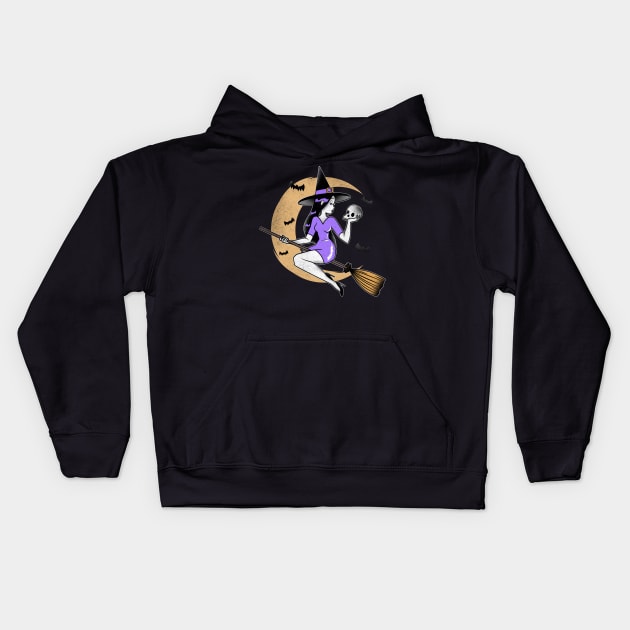 Halloween witch flying on broom Kids Hoodie by Biddie Gander Designs